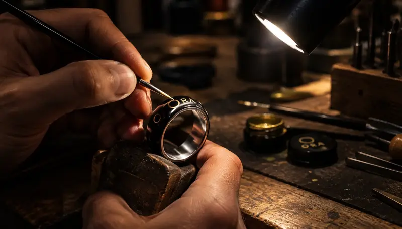 Main peignant le logo ORA champagne sur une bague noire dans l’atelier, établi en bois et lampe de bijoutier
