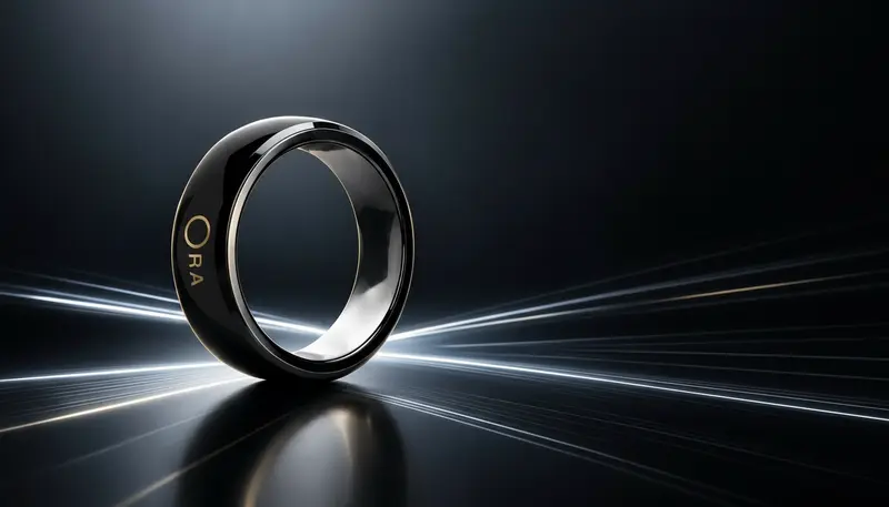 Bague connectée ORA en céramique, finition champagne mate, posée sur fond sombre