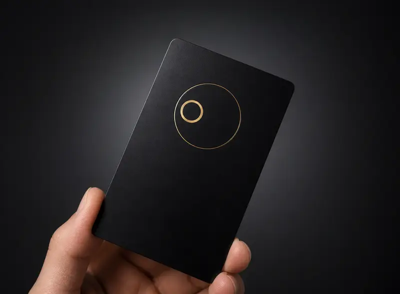 Carte de visite connectée ORA en métal, finition mate noire avec logo champagne dans un cercle doré