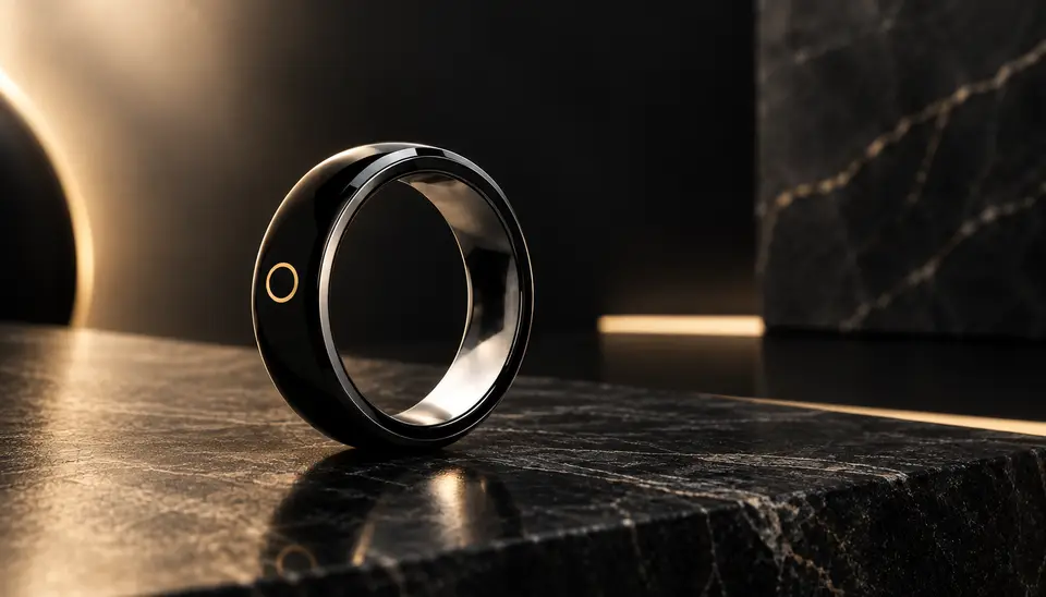 Bague connectée ORA en céramique avec logo champagne, pièce N°01 de la collection