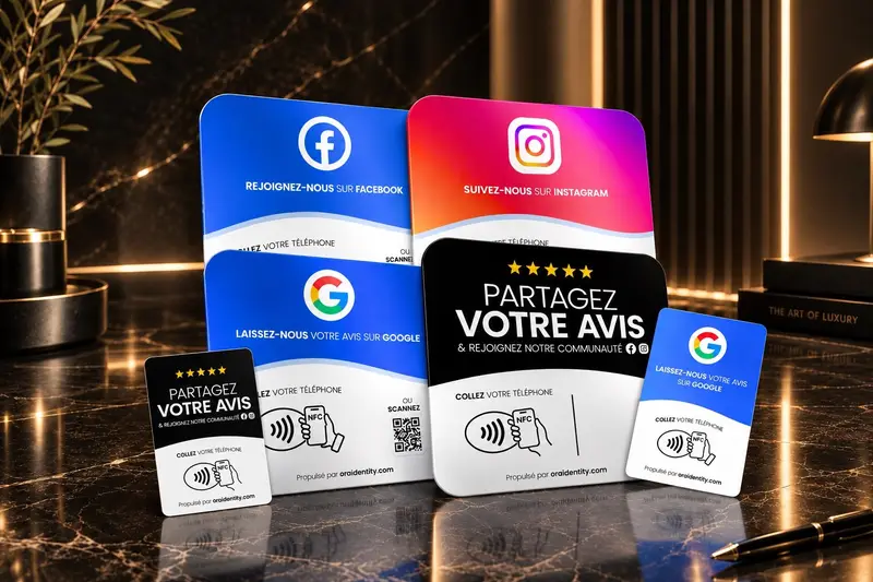 Supports NFC ORA pour avis Google, Instagram, Facebook et TikTok destinés aux commerces et restaurants